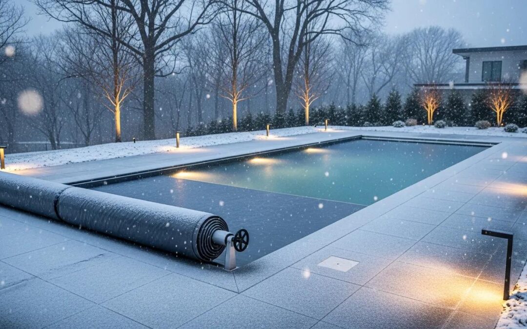Luxury pool winterization with automatic cover, surrounded by snowy landscape and illuminated pathway, emphasizing off-season care for Arizona pools.