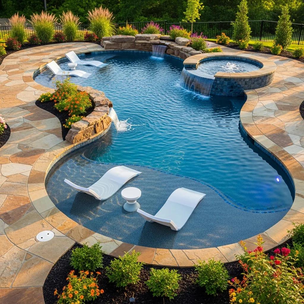 Custom pool design featuring unique shapes, integrated spa, tanning ledge, and natural stone decking surrounded by vibrant landscaping, ideal for relaxation and entertaining in a backyard oasis.