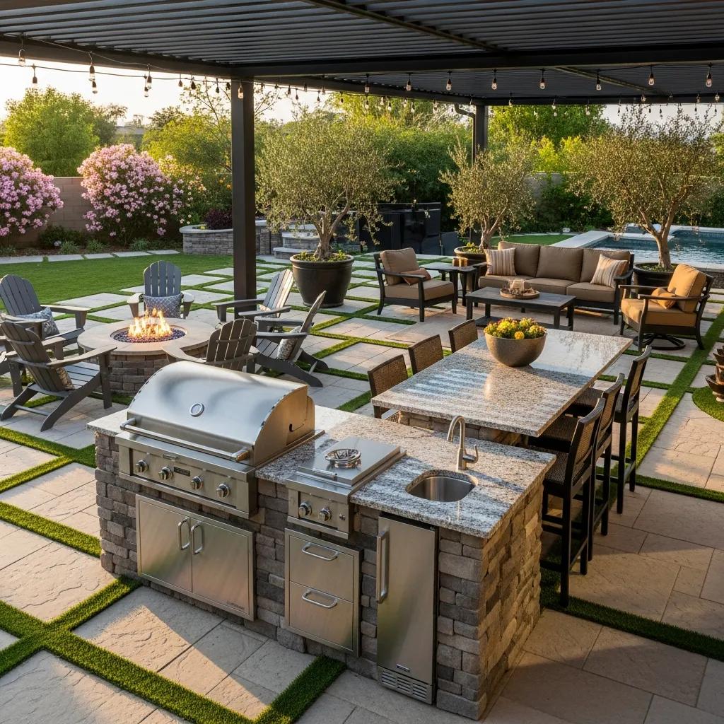 Customized outdoor living space featuring a modern kitchen with stainless steel grill, seating area, fire pit, and lush landscaping in Surprise, Arizona.