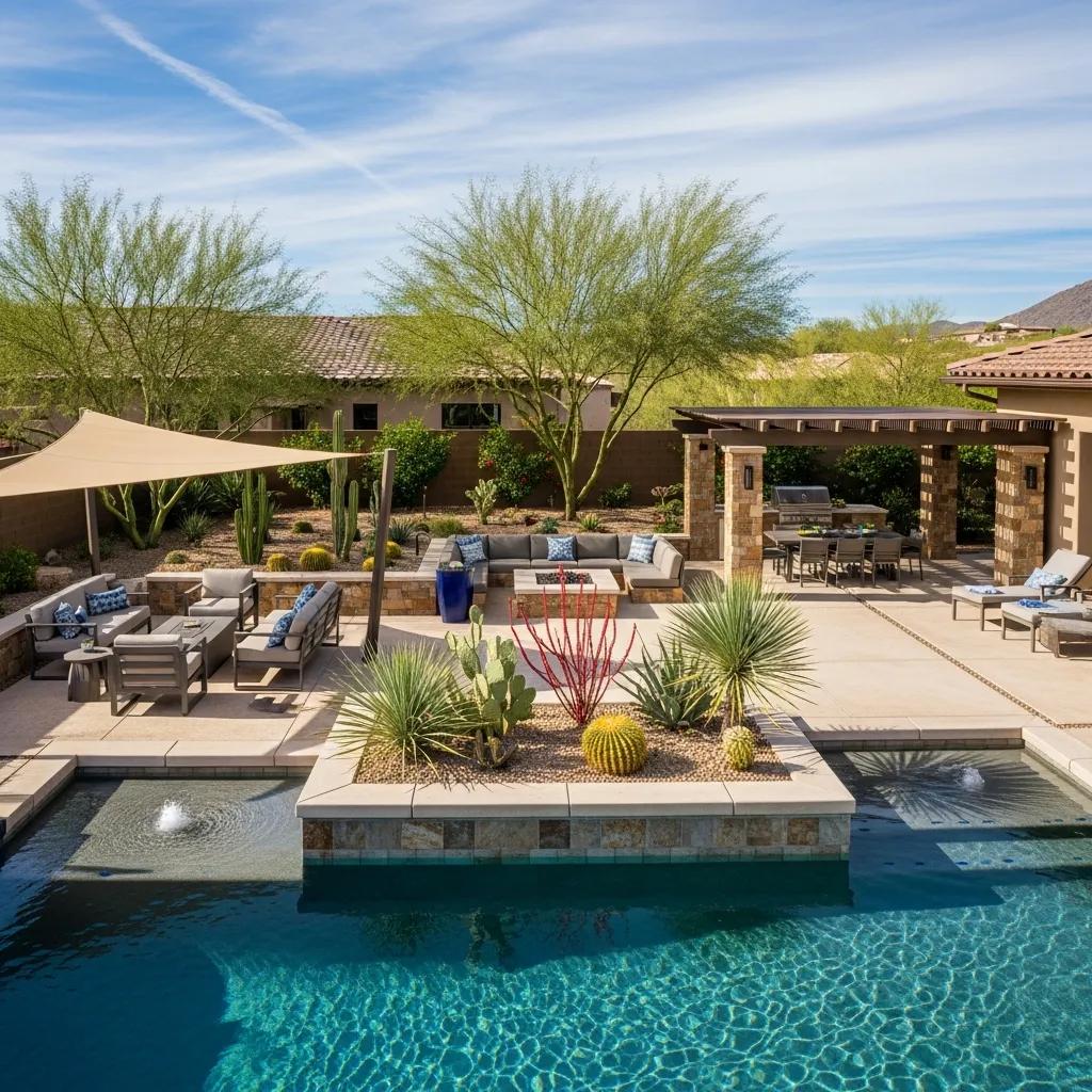 Luxury backyard in Surprise, Arizona featuring an infinity pool, drought-tolerant landscaping, modern outdoor seating, and shaded areas for relaxation.