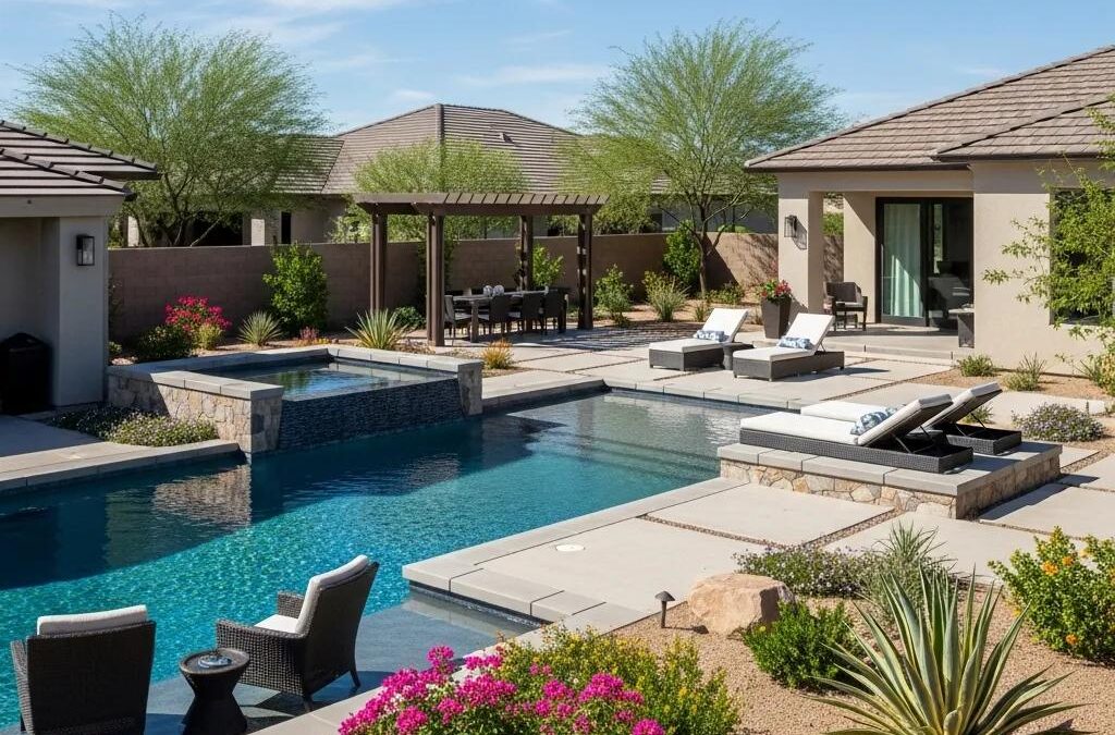 Luxury Phoenix backyard featuring a custom infinity pool, drought-resistant landscaping, and outdoor seating area, ideal for year-round entertaining and climate-smart design.