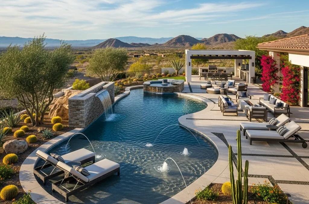 Luxury pool with elegant landscaping, modern outdoor living space, desert setting, water features, and mountain views in Fountain Hills, Arizona.