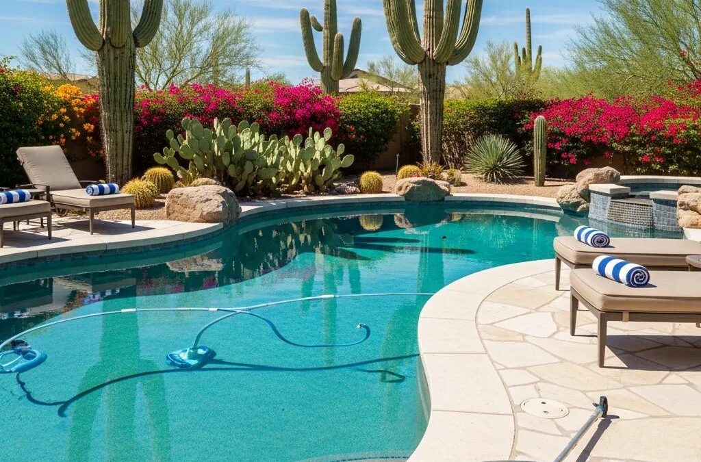 Arizona swimming pool with clear water, desert landscaping, cacti, and lounge chairs featuring striped towels, representing pool maintenance tips for homeowners.