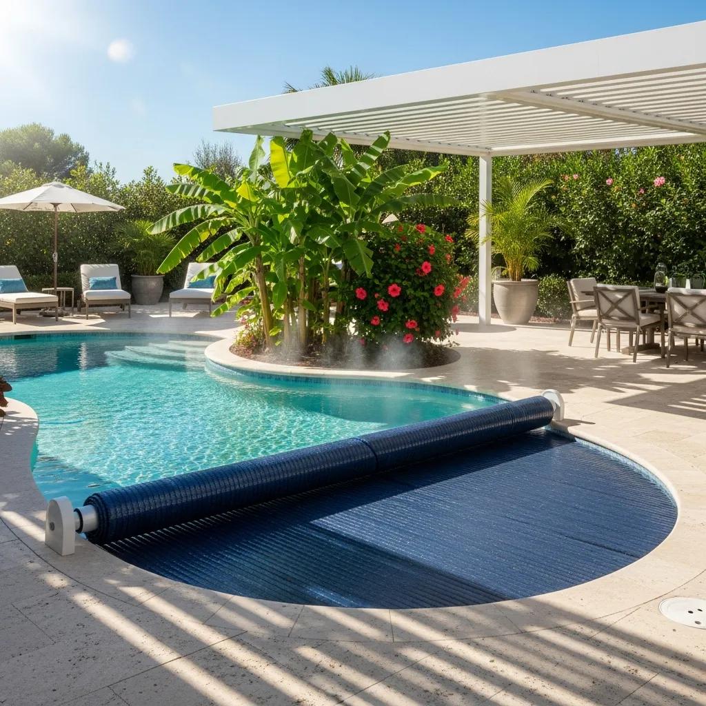 Luxury pool with automatic cover, surrounded by tropical landscaping and shaded seating area, showcasing evaporation control strategies for Arizona's summer heat.