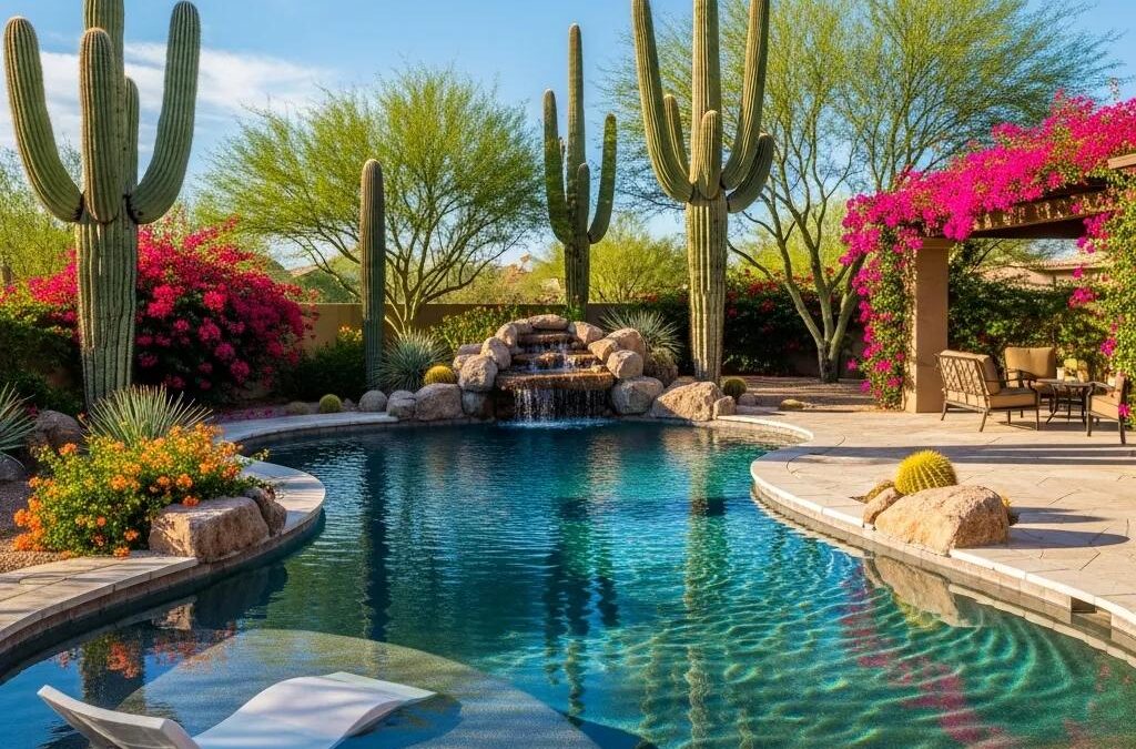 Luxury pool in Arizona backyard surrounded by cacti and colorful bougainvillea, featuring a waterfall and stone accents, emphasizing summer maintenance and aesthetic appeal.