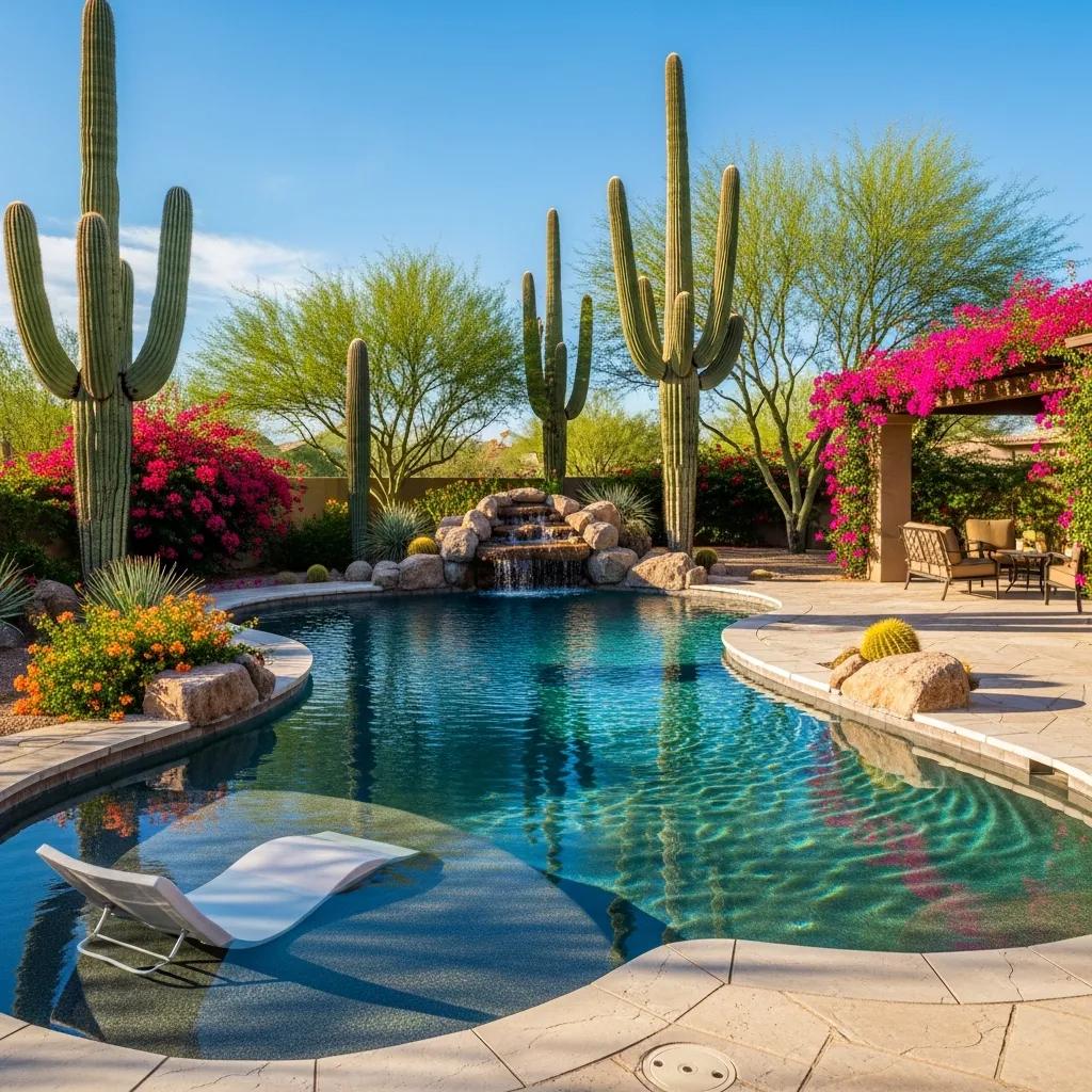 Luxury pool in Arizona backyard with cacti, vibrant flowers, and waterfall, showcasing summer maintenance and aesthetic appeal.