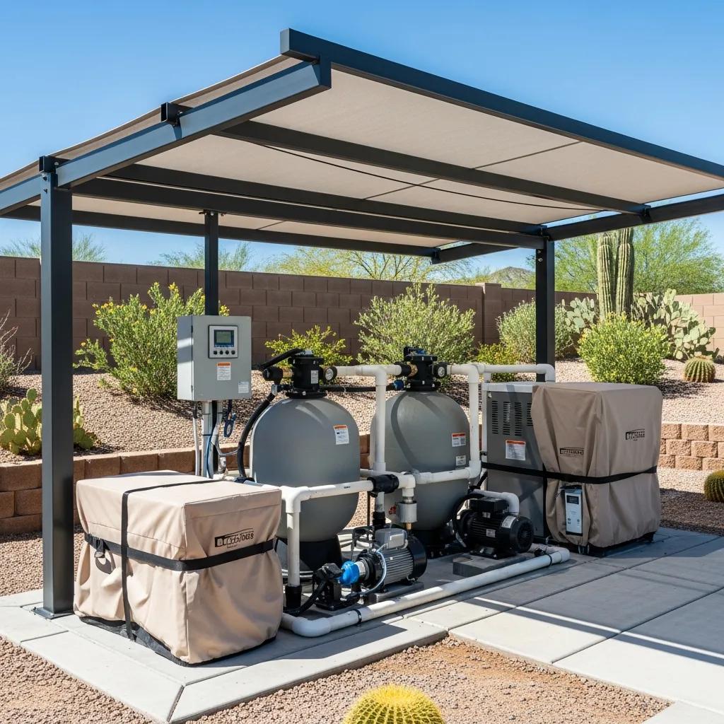 Pool equipment under shaded cover, including pumps, filters, and heaters, with protective coverings, in a landscaped Arizona setting.