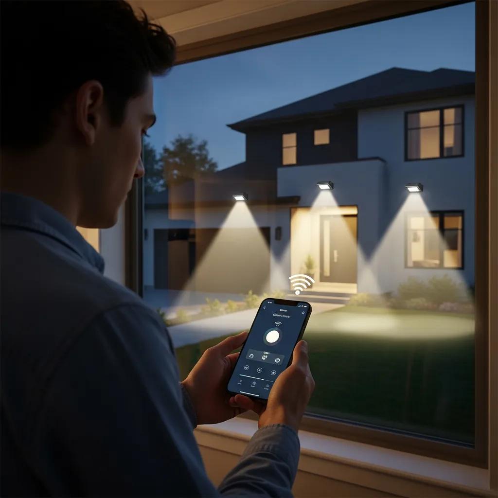 Man using smartphone to control outdoor security lights, showcasing smart home integration for enhanced residential security lighting.